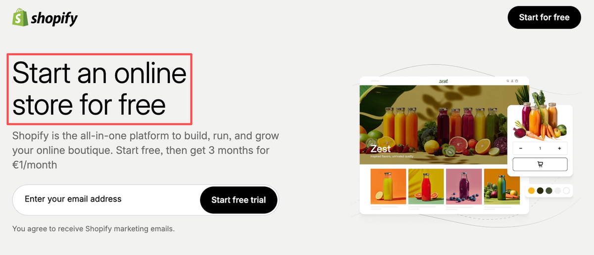 Shopify landing page promoting a free trial to start an online store, used for Stan Store vs Shopify comparison.