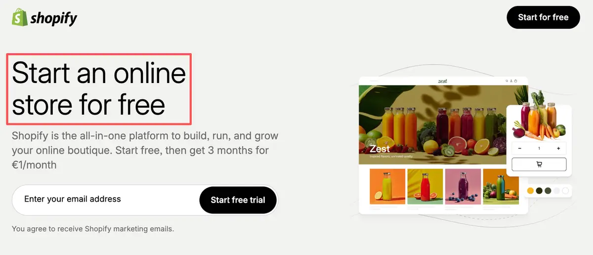 Shopify landing page promoting a free trial to start an online store, used for Stan Store vs Shopify comparison.