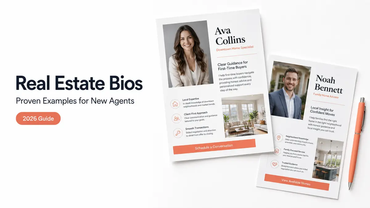 Professional real estate bio examples for new agents featuring Ava Collins and Noah Bennett with headshots, key selling points, and call-to-action buttons in a modern 2026 guide layout.