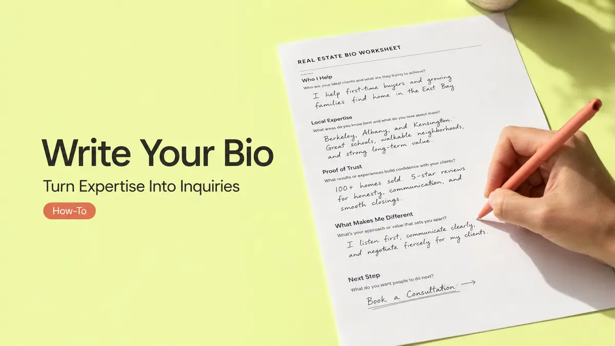 Real estate agent filling out a professional bio worksheet with sections for ideal clients, local expertise, proof of trust, and unique value. Learn how to write a real estate bio that turns expertise into client inquiries.