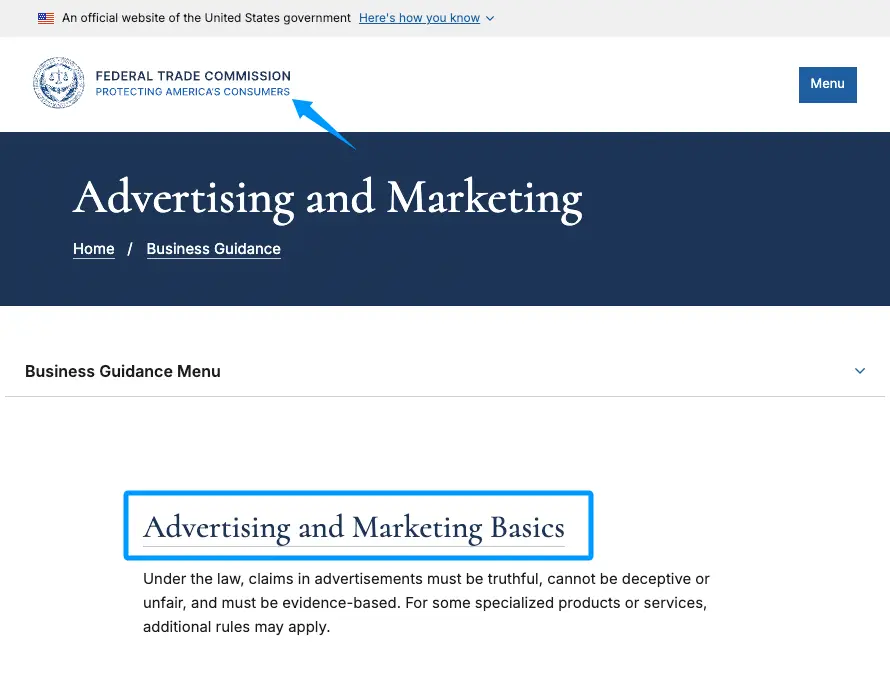 FTC official page highlighting Advertising and Marketing Basics. Important legal guidance for real estate agents learning how to write a real estate bio with truthful, evidence-based claims.