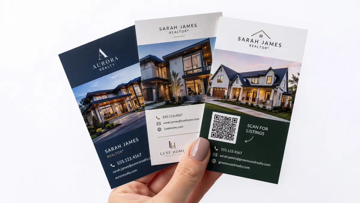 A hand holding three different Creative Real Estate Business Cards That Convert, showcasing premium property photography and QR codes.