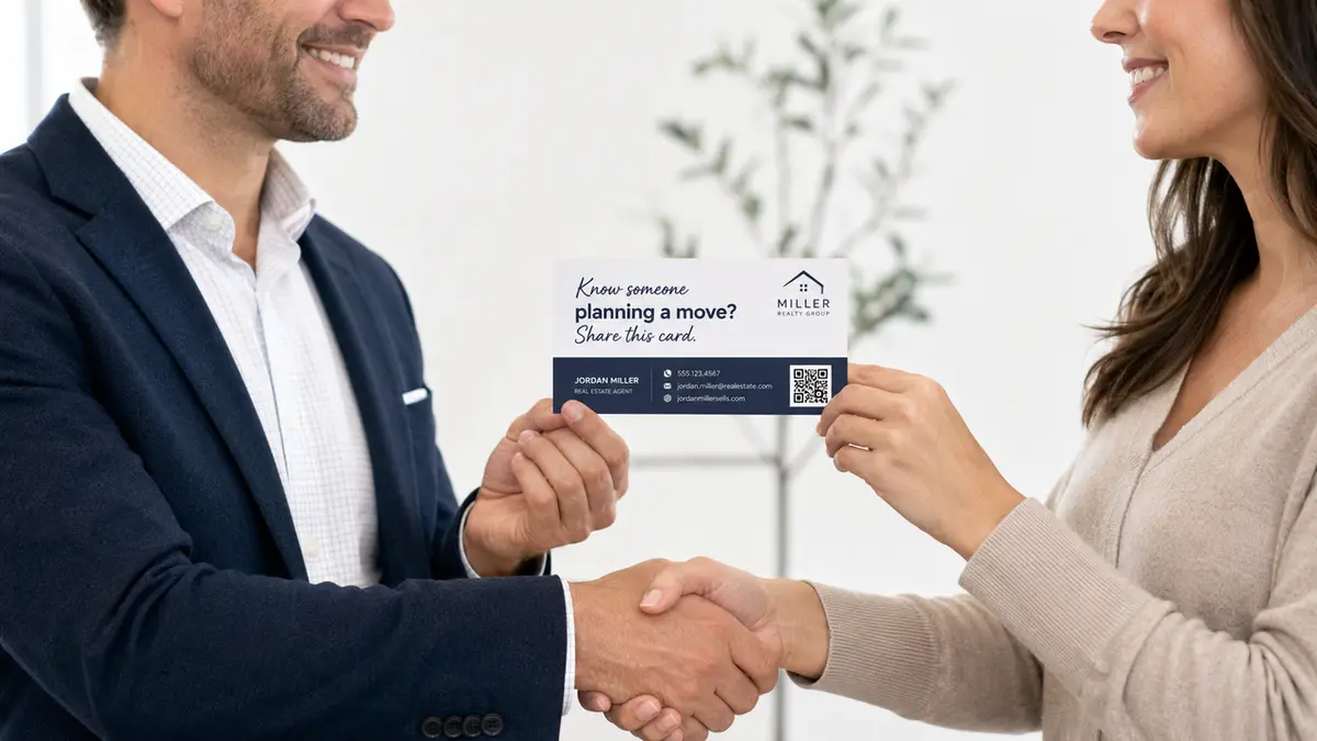 Two professionals shaking hands while sharing a card that uses referral-based real estate sayings for business cards.