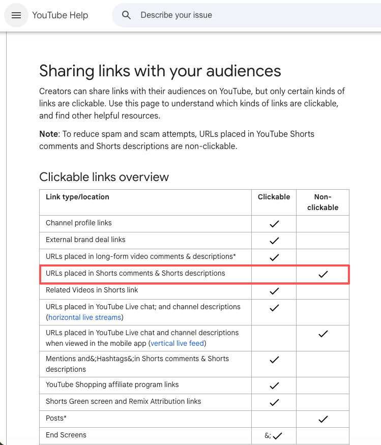 YouTube help guide on link policies to consider when driving traffic to your faceless video landing page via Shorts.