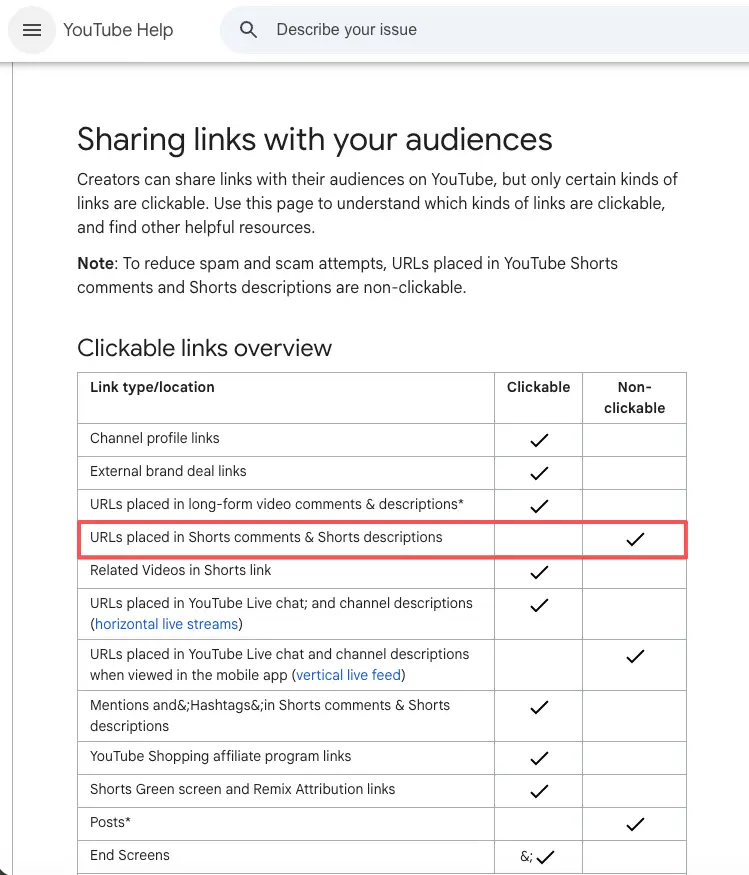 YouTube help guide on link policies to consider when driving traffic to your faceless video landing page via Shorts.