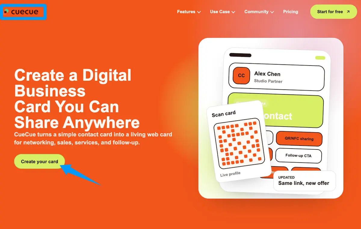 Use the CueCue website to create a digital business card that links directly to your new real estate agent bio template.