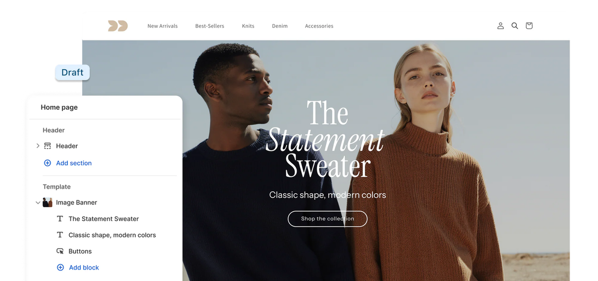 Shopify homepage theme editor interface used for product store customization in a Stan Store vs Shopify evaluation.