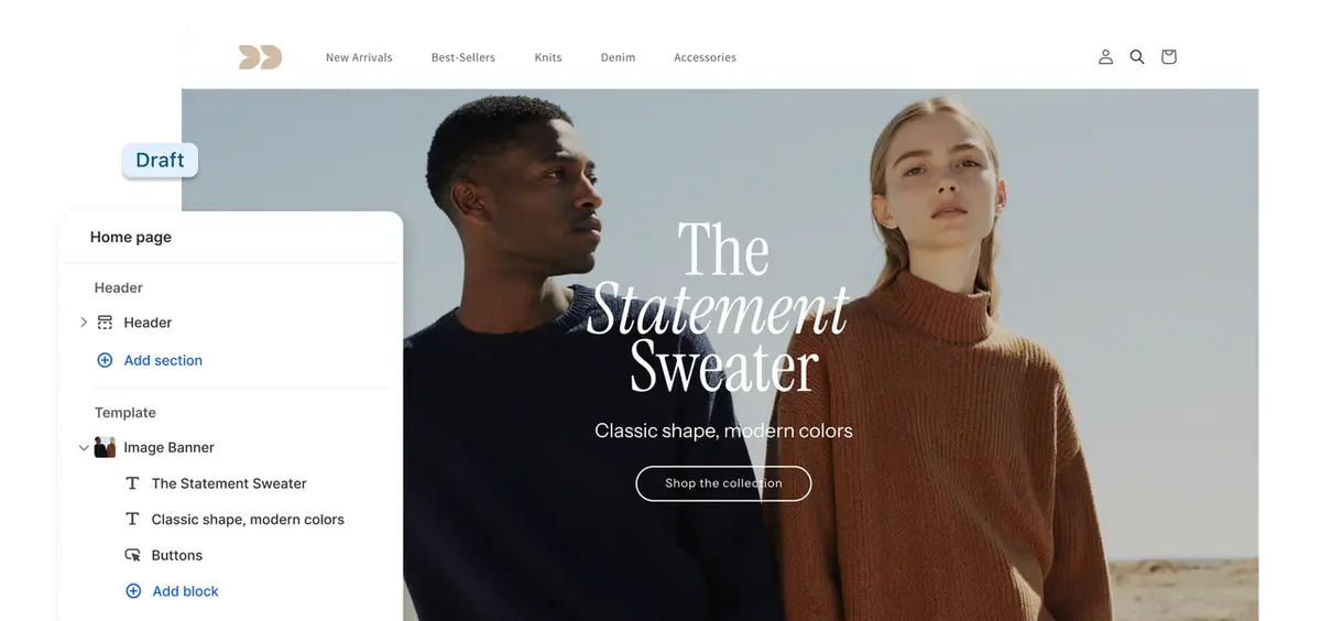 Shopify homepage theme editor interface used for product store customization in a Stan Store vs Shopify evaluation.