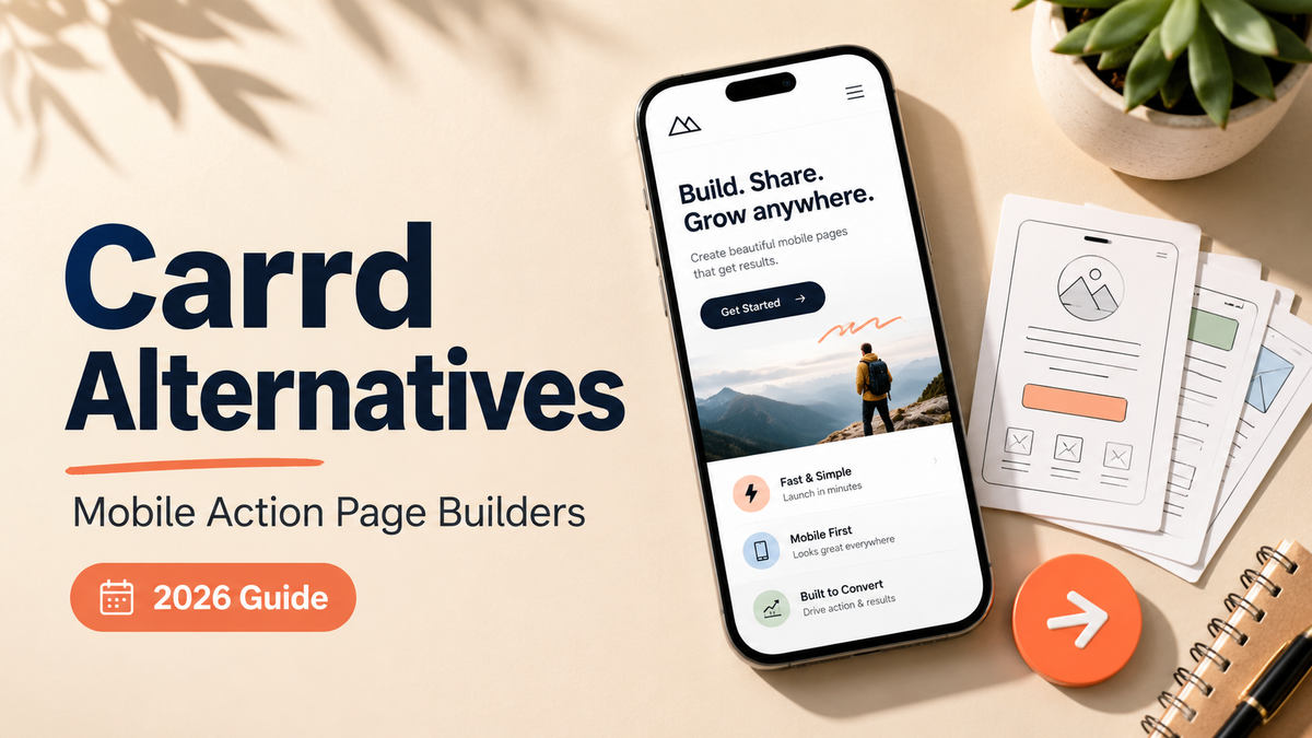 A 2026 guide for carrd alternatives showcasing a mobile action page builder interface on a smartphone with wireframes.
