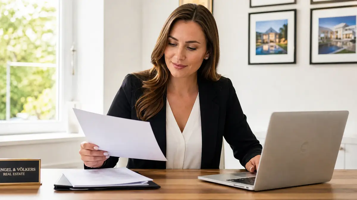 A female realtor sits at her desk reviewing the printed draft of her new real estate agent bio template for accuracy.