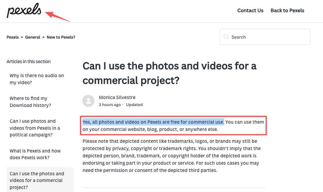 Pexels license details confirming free commercial use of media to build your faceless video landing page content.