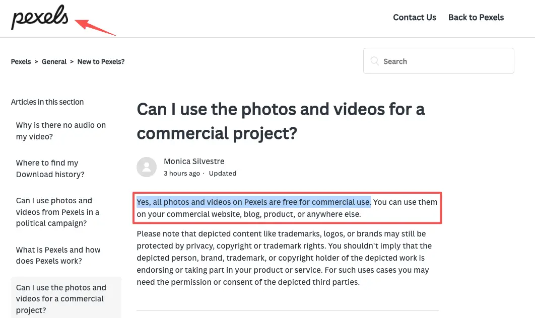 Pexels license details confirming free commercial use of media to build your faceless video landing page content.