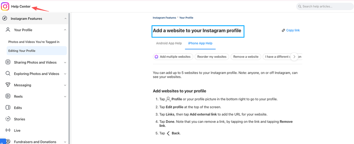Instagram Help Center guide on adding a website link, a common use case for mobile-friendly squarespace alternatives.
