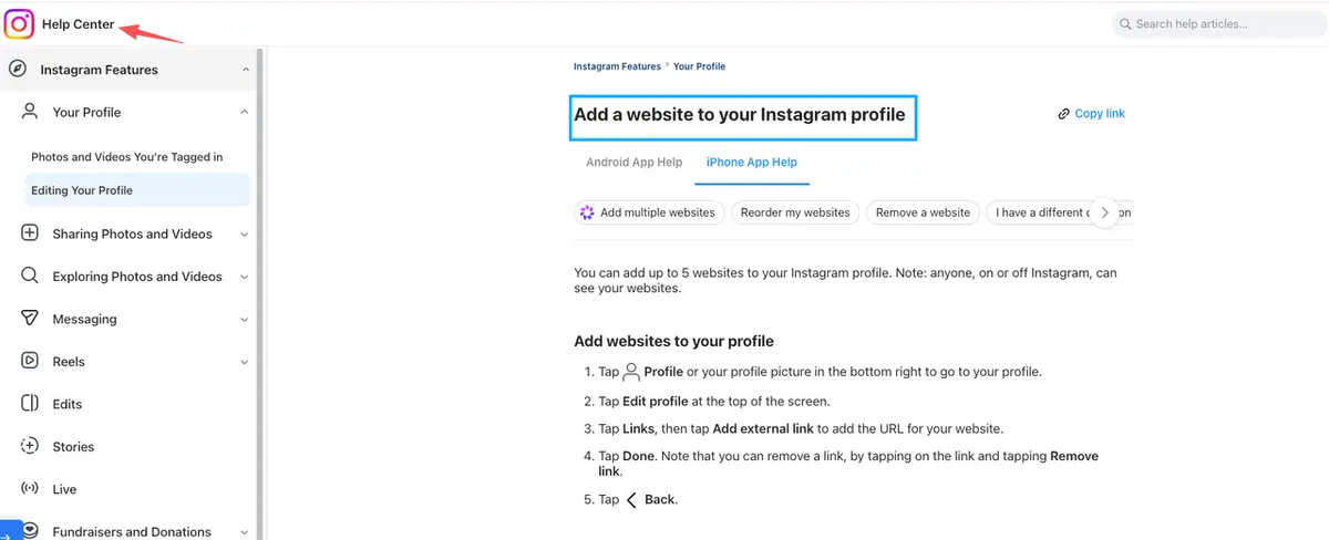 Instagram Help Center guide on adding a website link, a common use case for mobile-friendly squarespace alternatives.