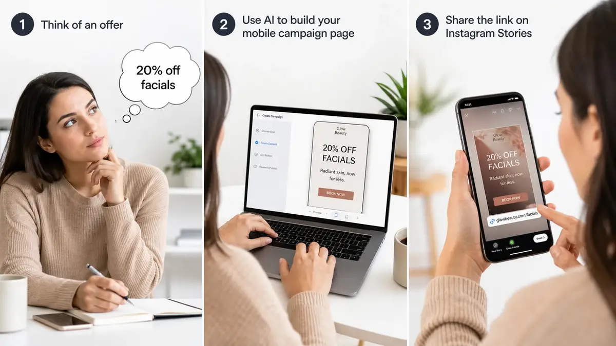 See how an AI campaign page builder easily turns your simple offer ideas into engaging social media promotions.