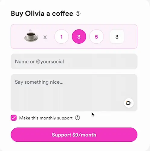 A monthly support donation widget interface highlighting features you should look for in a buy me a coffee alternative.