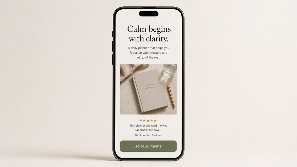 Mobile interface showing minimalist product landing page examples for a daily planner.