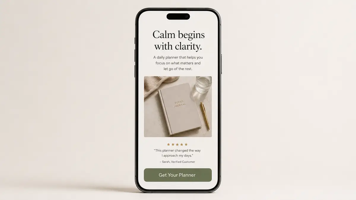 Mobile interface showing minimalist product landing page examples for a daily planner.
