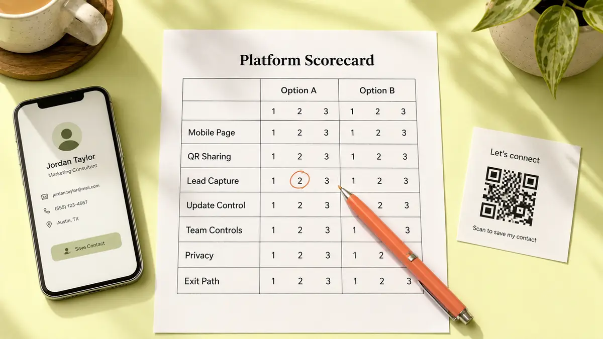 A detailed scorecard evaluates and compares the features offered by various digital business card platform vendors.