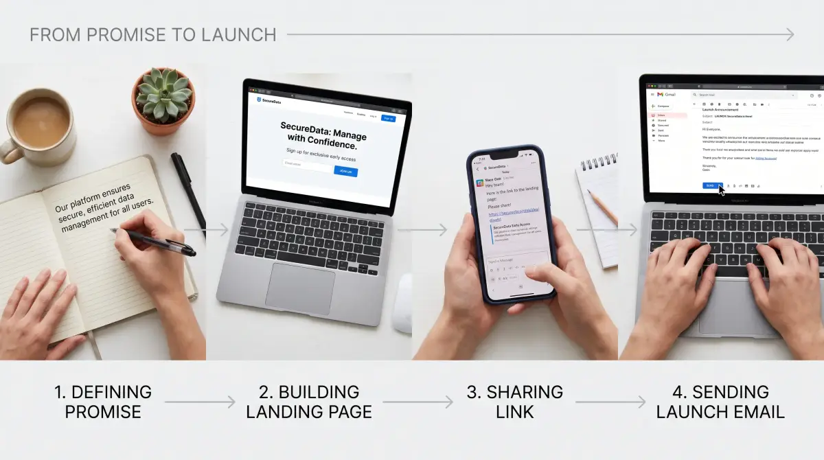 A 4-step process from promise to launch, illustrating how free waitlist software manages early access signups.