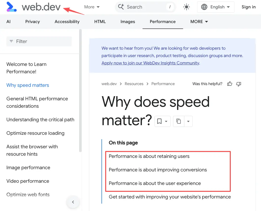 A Google web.dev article emphasizing the importance of page speed for user experience, retention, and conversions.
