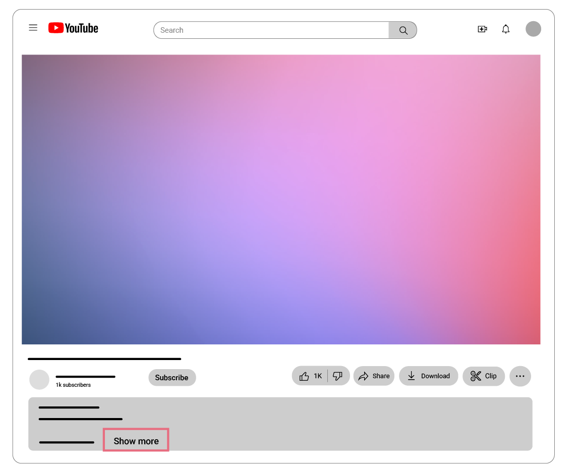 Clean YouTube video interface mockup with gradient thumbnail and highlighted "Show more" section. Demonstrates how MoneyPrinterTurbo creators can structure video pages for better engagement.