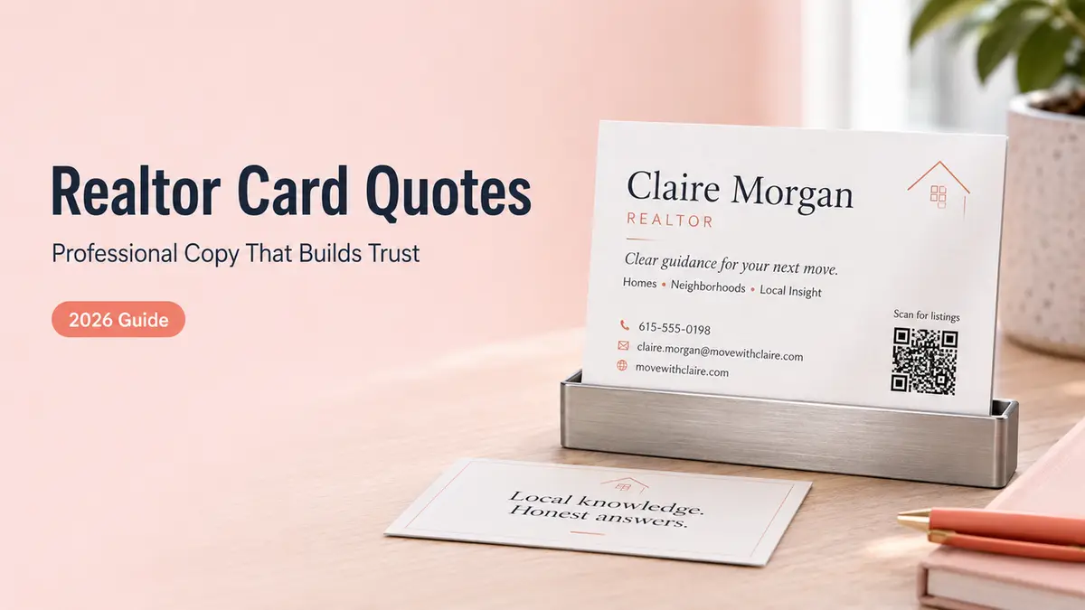 A modern desk displaying a card with inspiring realtor business card quotes to build client trust.