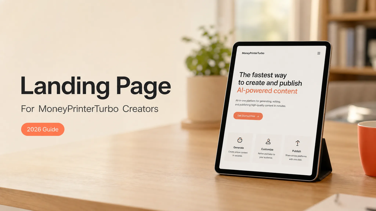 MoneyPrinterTurbo landing page displayed on a modern tablet showcasing the fastest way to create and publish AI-powered content. Perfect for creators looking to generate high-quality videos with one click.