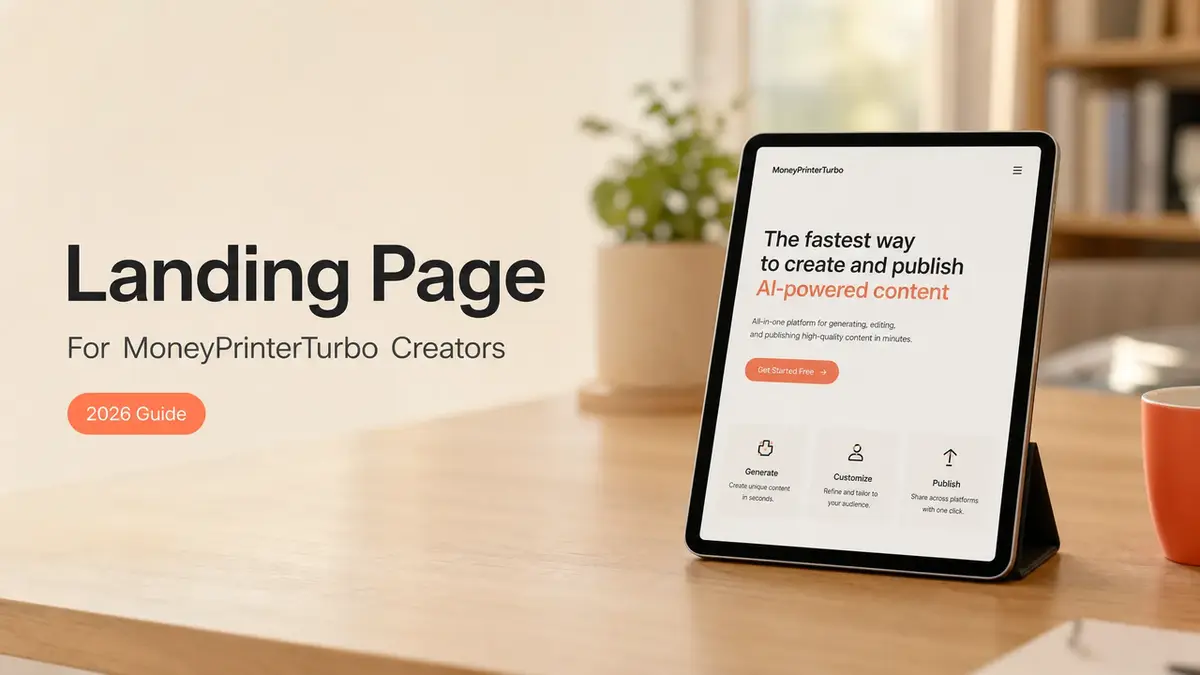 MoneyPrinterTurbo landing page displayed on a modern tablet showcasing the fastest way to create and publish AI-powered content. Perfect for creators looking to generate high-quality videos with one click.