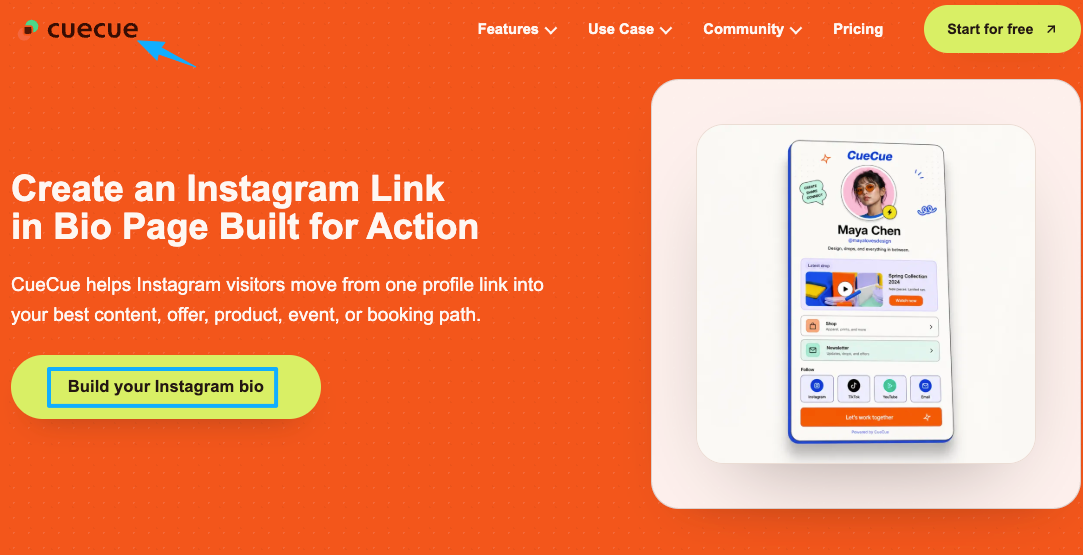 CueCue platform interface demonstrating how to become a UGC creator by building a powerful Instagram bio link page that drives traffic to content, shop, newsletter, and collaborations. Clean and action-oriented design.