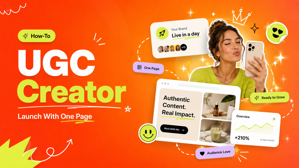 Learn how to become a UGC creator with this vibrant guide showing a one-page launch strategy, authentic content examples, audience growth stats, and brand collaboration opportunities. Perfect for aspiring creators.