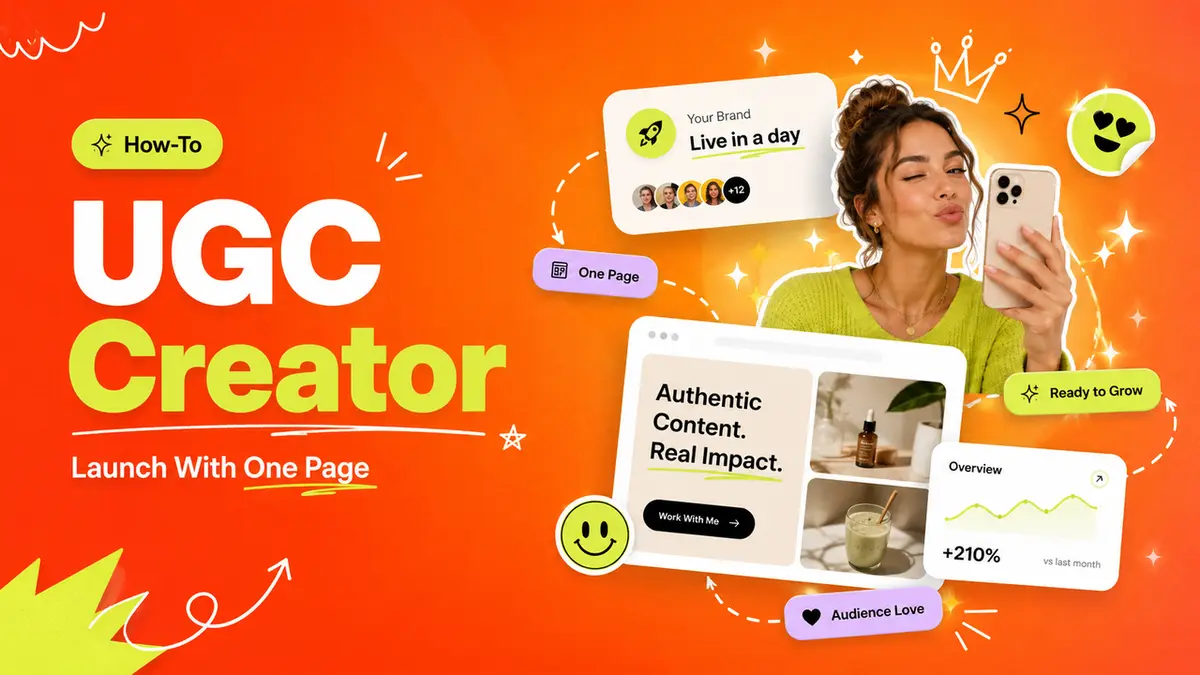 Learn how to become a UGC creator with this vibrant guide showing a one-page launch strategy, authentic content examples, audience growth stats, and brand collaboration opportunities. Perfect for aspiring creators.