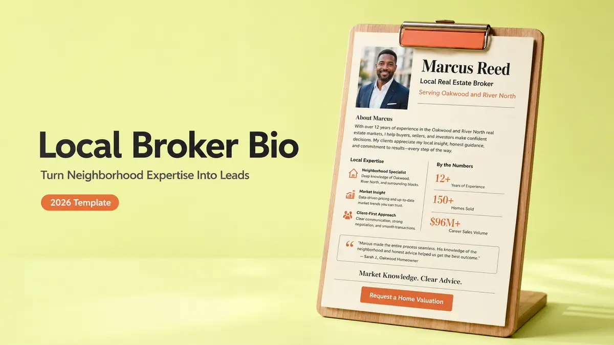 A local real estate broker bio template designed to showcase neighborhood expertise and capture leads.