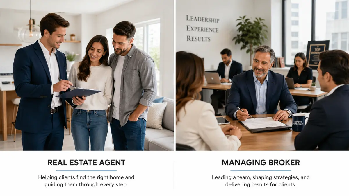 Comparison of agent and managing broker roles to clarify responsibilities in a real estate broker bio.