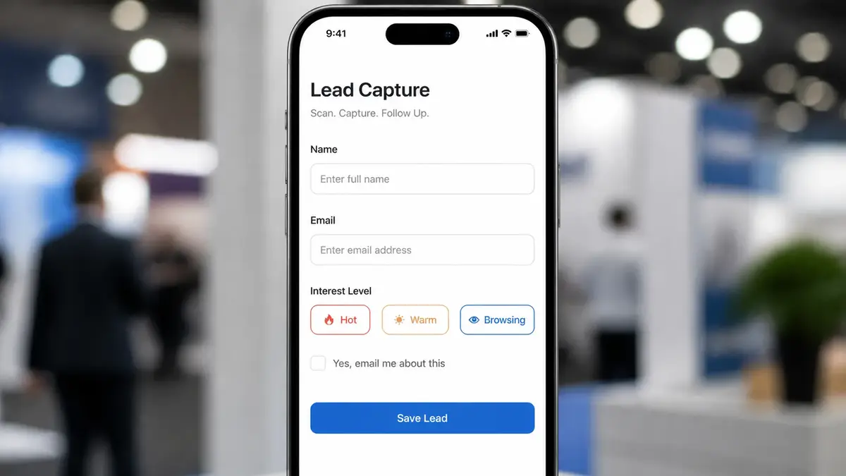 Mobile-friendly trade show lead form template displayed on a smartphone, featuring name, email, and interest level.