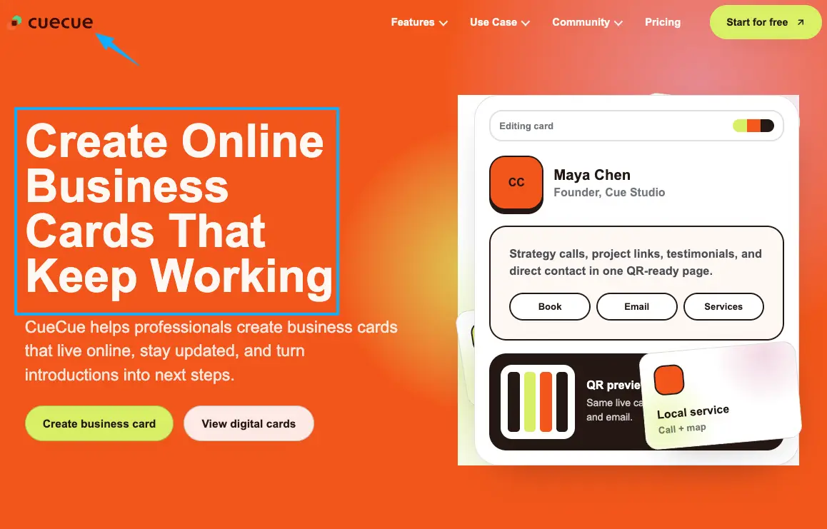 CueCue website displaying digital business cards which can link to forms powered by free waitlist software.