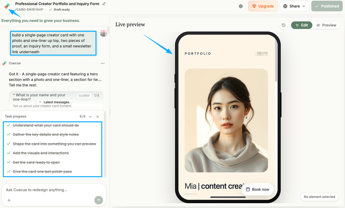 Use an AI chat interface to quickly generate the best link in bio for creators with customized photos and text layouts.