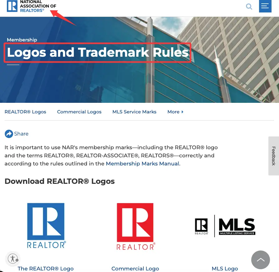 NAR Logos and Trademark Rules webpage, showing proper logo usage to include in realtor bio examples.