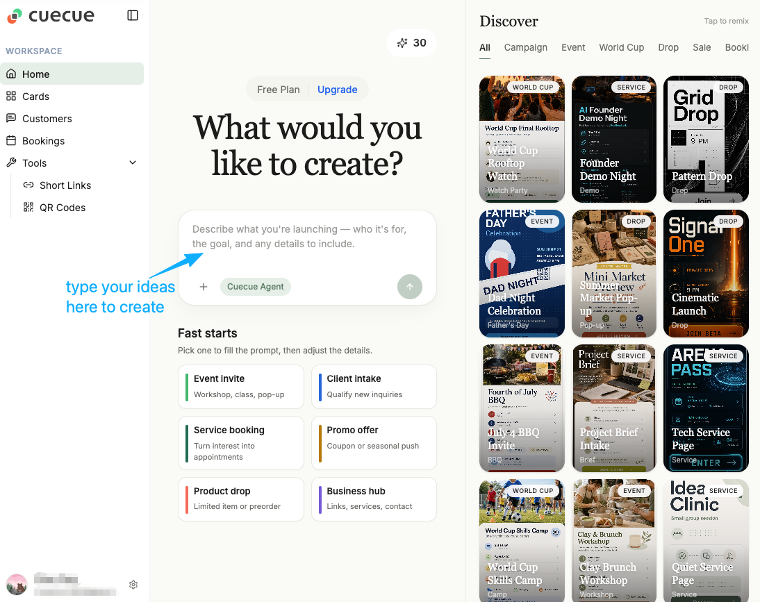 CueCue platform interface with AI agent for creating product drops, campaigns, and service pages - a user-friendly Gumroad alternative for creators and businesses.