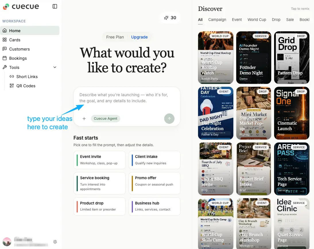 CueCue platform interface with AI agent for creating product drops, campaigns, and service pages - a user-friendly Gumroad alternative for creators and businesses.
