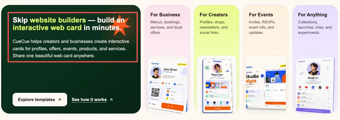 CueCue website builder templates, showing alternative interactive link options in the stan store vs linktree debate.