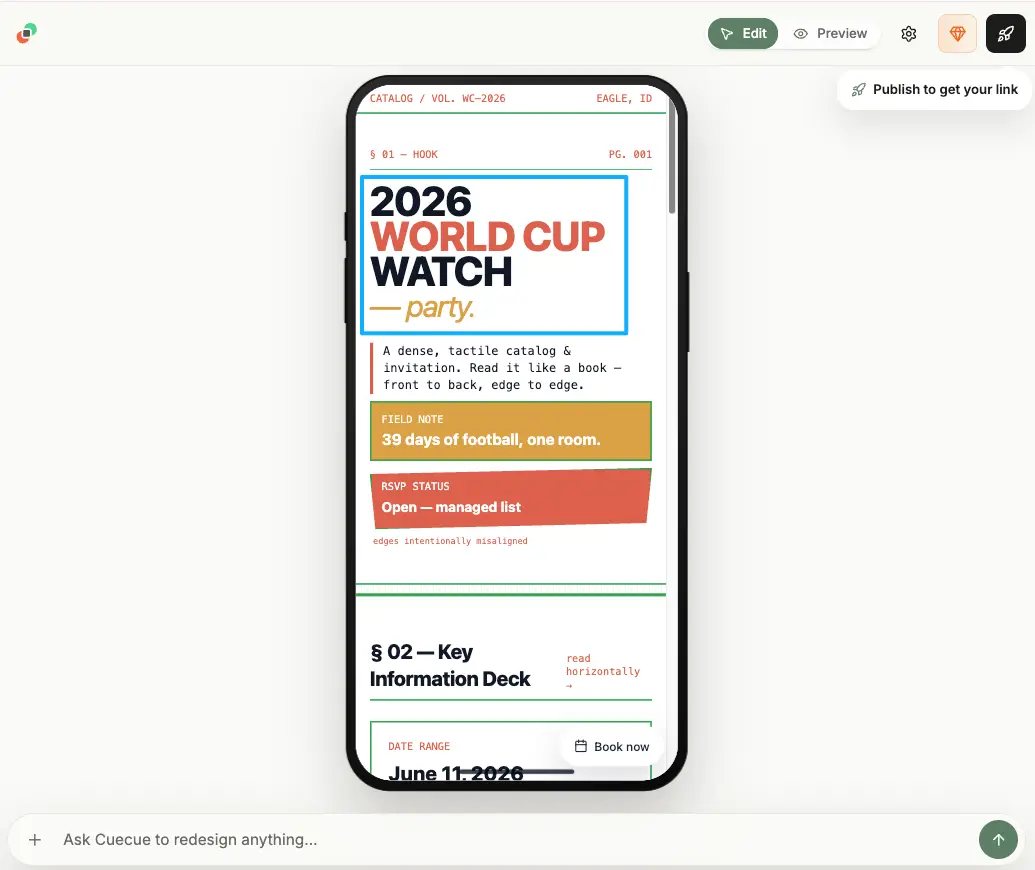 Detailed mobile live preview of a stylish world cup 2026 landing page designed for a football watch party event RSVP.