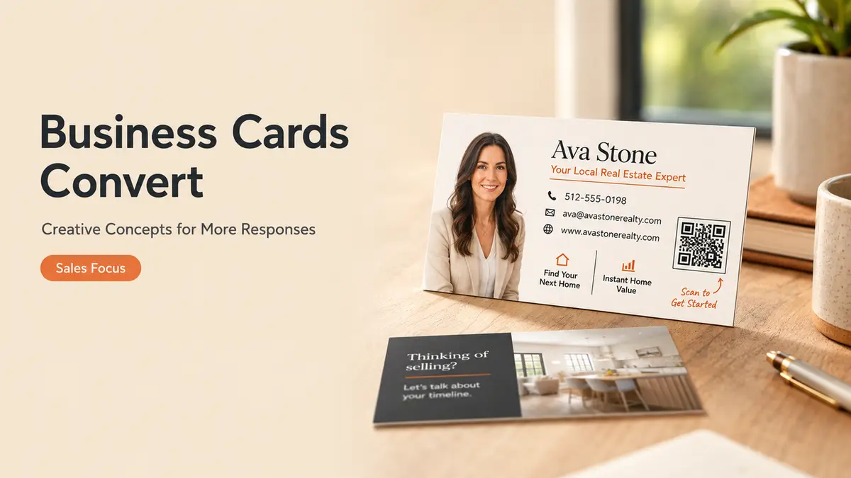 Showcase of Creative Real Estate Business Cards That Convert, featuring a professional realtor profile, QR code, and home valuation links.