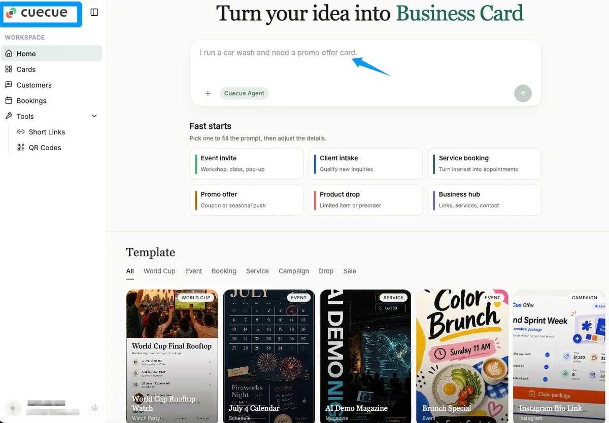 Cuecue platform interface for creating business cards and marketing assets. Useful design tool for real estate agents applying how to write a real estate bio into promotional materials and client outreach.