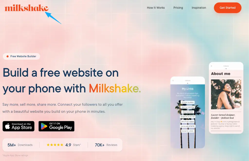 Exploring the Milkshake homepage as part of our detailed Milkshake vs Linktree review for mobile website building.