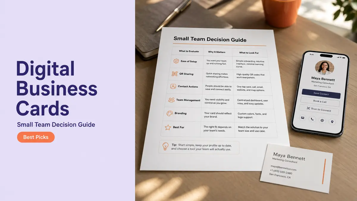 Small Team Decision Guide, smartphone with contacts, and paper business card on an office desk.