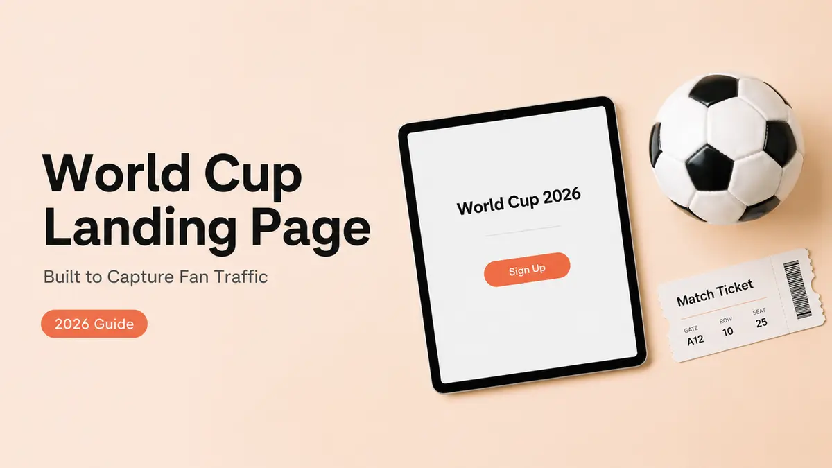 Flat lay of a world cup 2026 landing page on a tablet, next to a soccer ball and match ticket for capturing fan traffic.