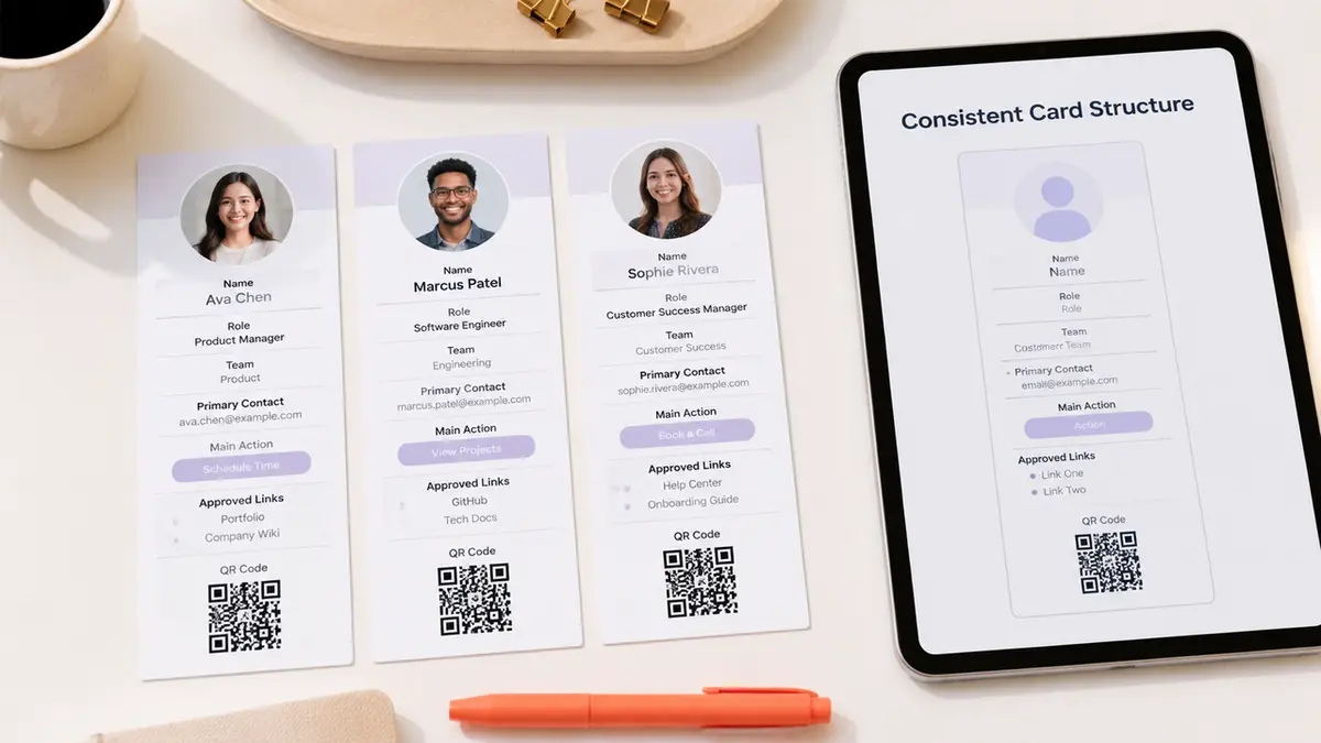 Three diverse paper business cards and an iPad showing a matching template structure.