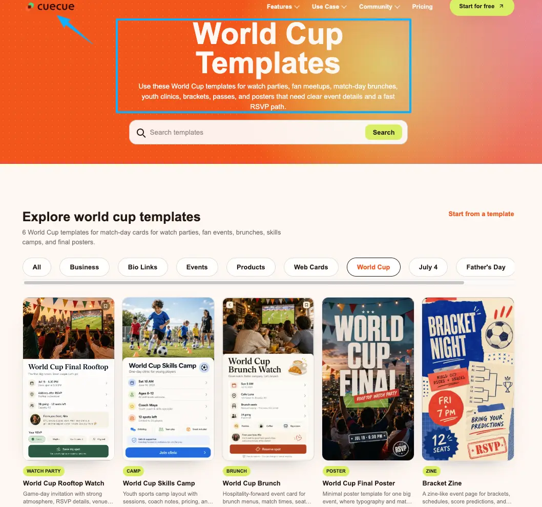 Browse World Cup templates on Cuecue to quickly create stunning FIFA watch party page designs for match-day events, fan meetups, and RSVPs with professional layouts.