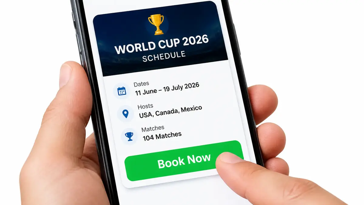 Person holding a smartphone displaying a digital world cup match schedule card with a prominent green book now button.